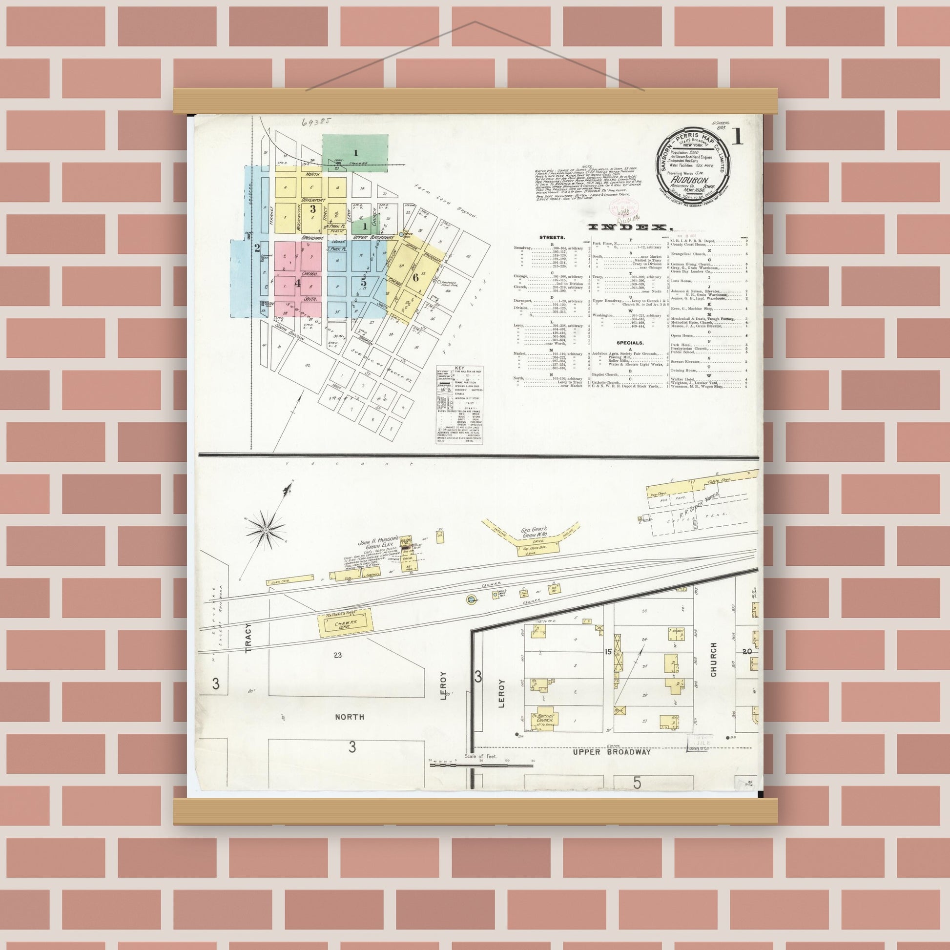 Old map wall art mockup — magnetic wood frame on brick wall — Sanborn Fire Insurance Map from Audubon, Audubon County, Iowa (1896) â€” Complete Set