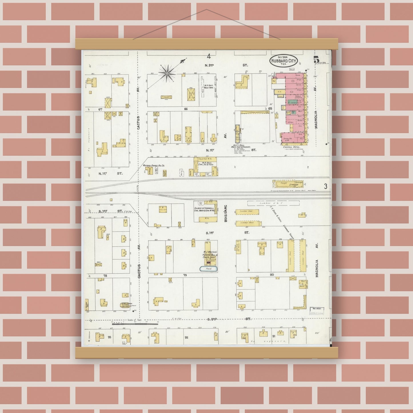 Old map wall art mockup — magnetic wood frame on brick wall — Sanborn Fire Insurance Map from Hubbard, Hill County, Texas (1904), Sheet #0005