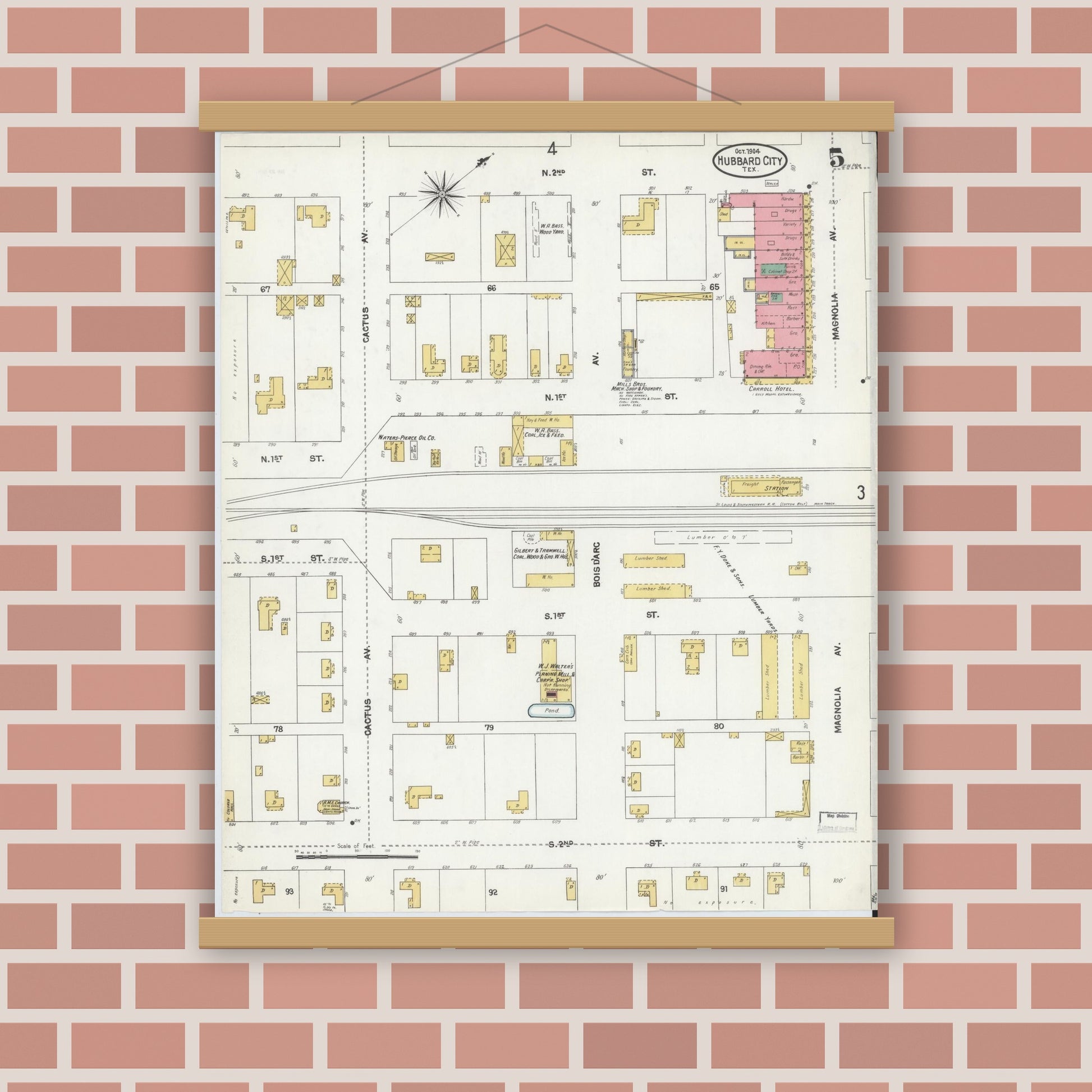 Old map wall art mockup — magnetic wood frame on brick wall — Sanborn Fire Insurance Map from Hubbard, Hill County, Texas (1904), Sheet #0005