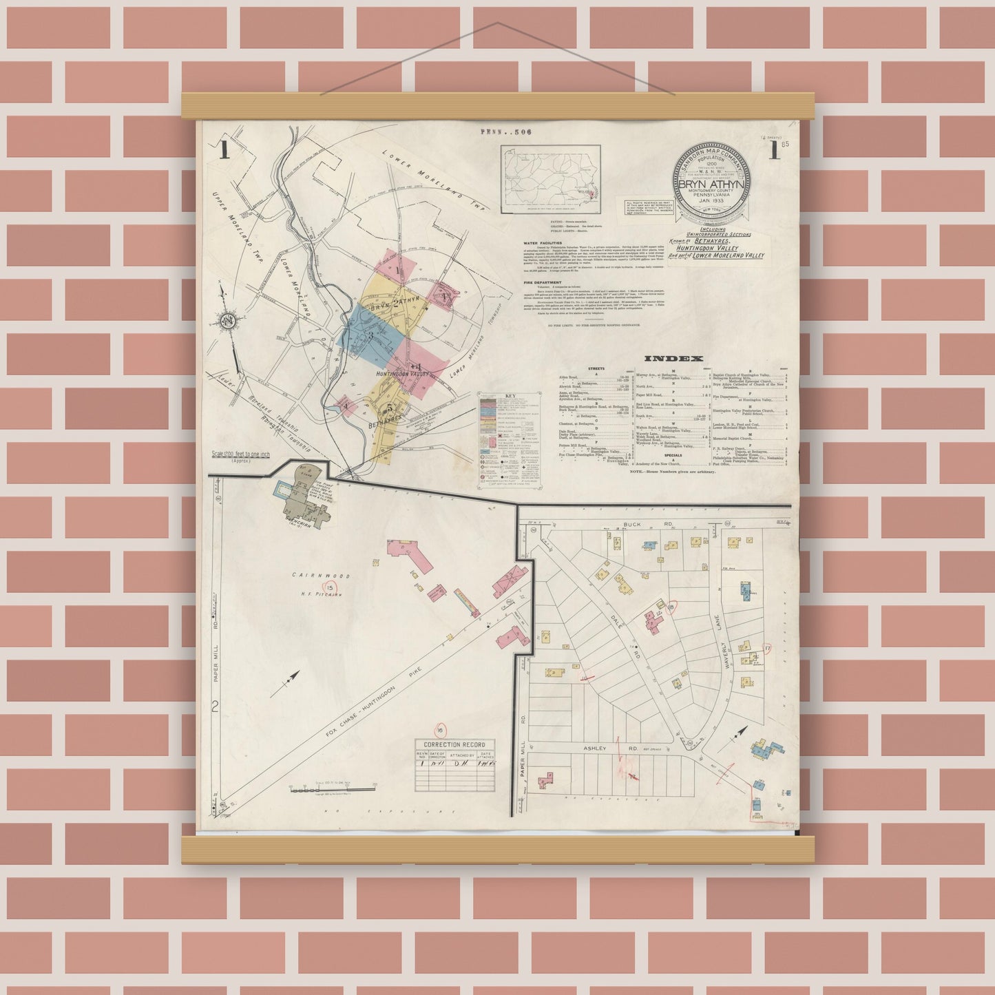 Old map wall art mockup — magnetic wood frame on brick wall — Sanborn Fire Insurance Map from Bryn Athyn, Montgomery County, Pennsylvania (1941), Sheet #0001
