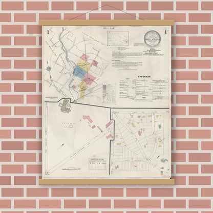 Old map wall art mockup — magnetic wood frame on brick wall — Sanborn Fire Insurance Map from Bryn Athyn, Montgomery County, Pennsylvania (1941), Sheet #0001