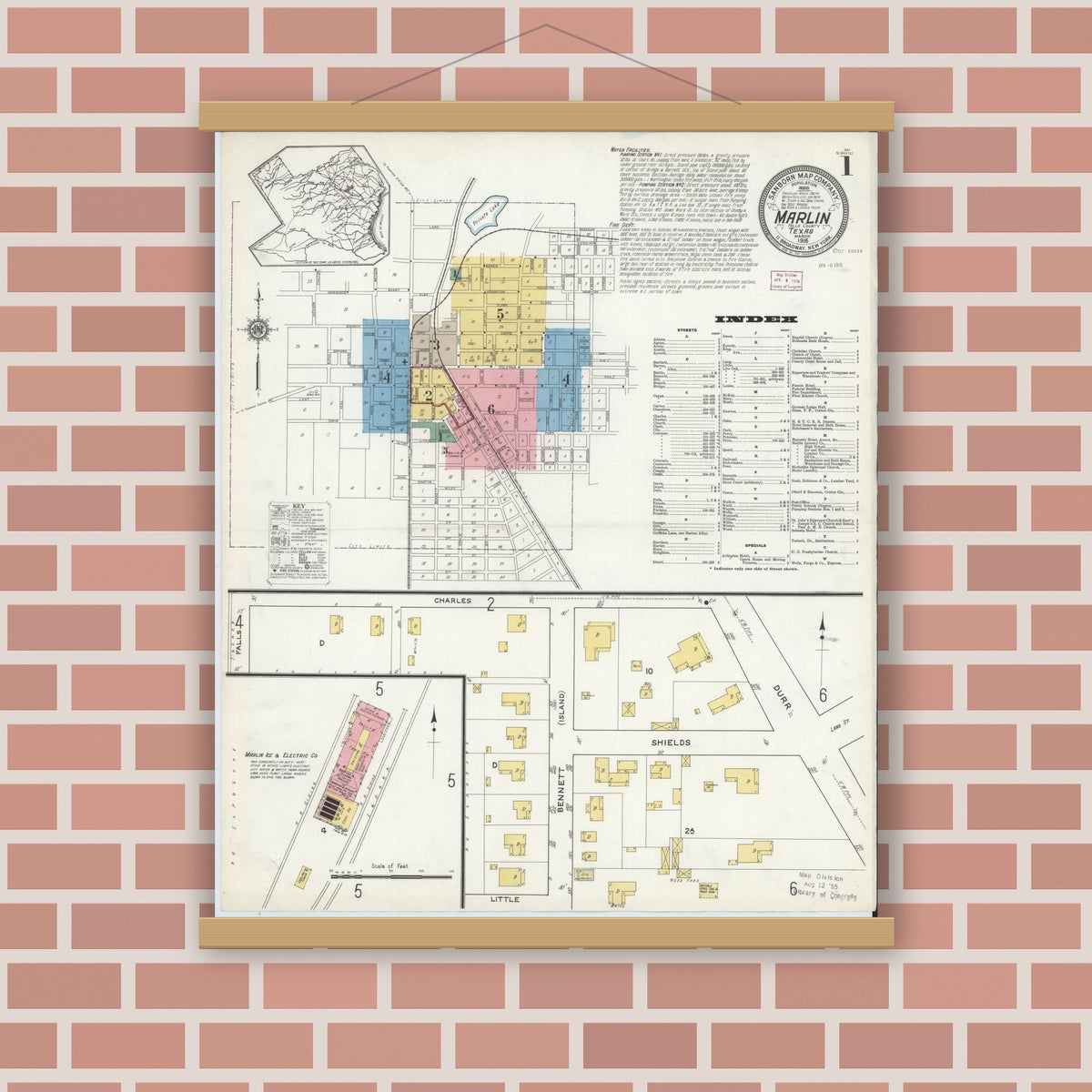 Old map wall art mockup — magnetic wood frame on brick wall — Sanborn Fire Insurance Map from Marlin, Falls County, Texas (1916), Sheet #0001