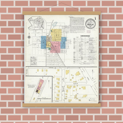 Old map wall art mockup — magnetic wood frame on brick wall — Sanborn Fire Insurance Map from Marlin, Falls County, Texas (1916), Sheet #0001