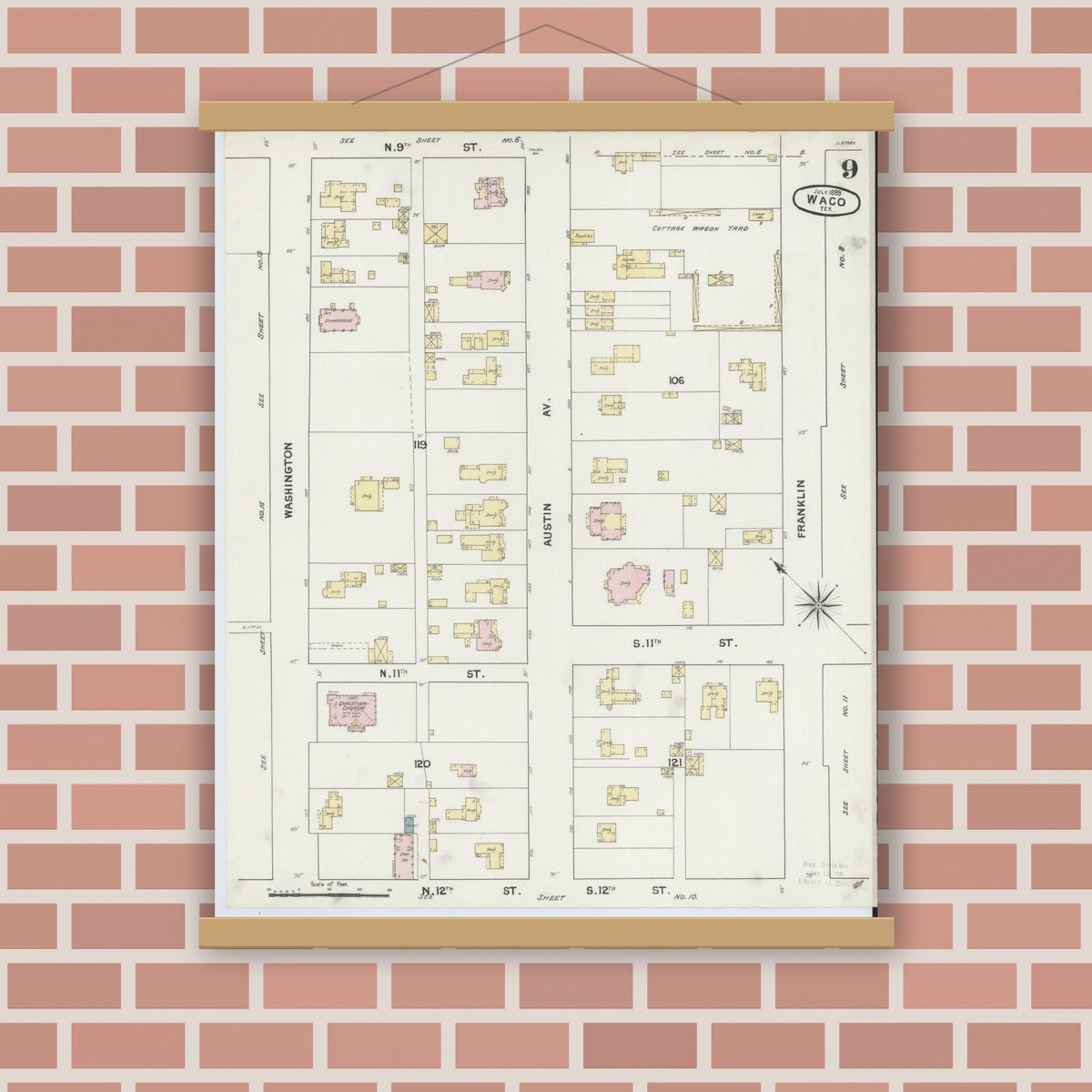 Old map wall art mockup — magnetic wood frame on brick wall — Sanborn Fire Insurance Map from Waco, McLennan County, Texas (1889), Sheet #0009