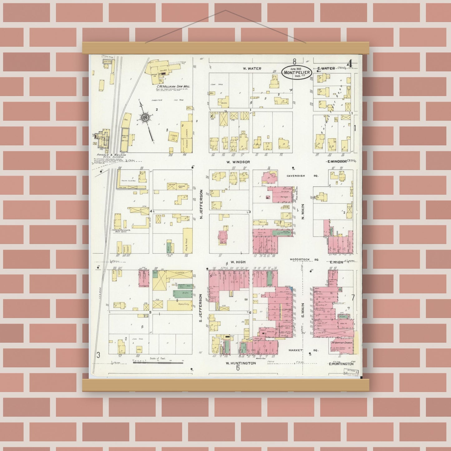 Old map wall art mockup — magnetic wood frame on brick wall — Sanborn Fire Insurance Map from Montpelier, Blackford County, Indiana (1910), Sheet #0004