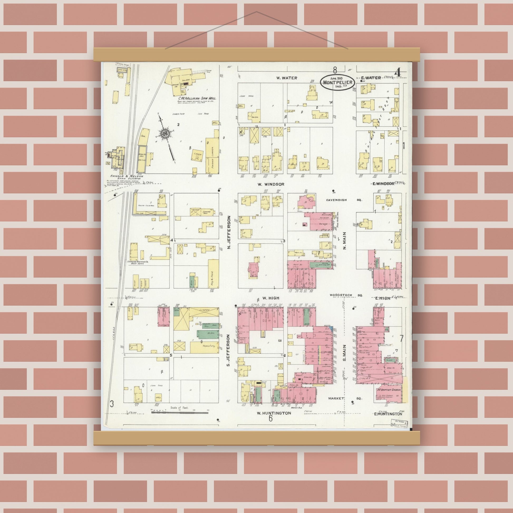Old map wall art mockup — magnetic wood frame on brick wall — Sanborn Fire Insurance Map from Montpelier, Blackford County, Indiana (1910), Sheet #0004