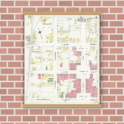 Old map wall art mockup — magnetic wood frame on brick wall — Sanborn Fire Insurance Map from Montpelier, Blackford County, Indiana (1910), Sheet #0004