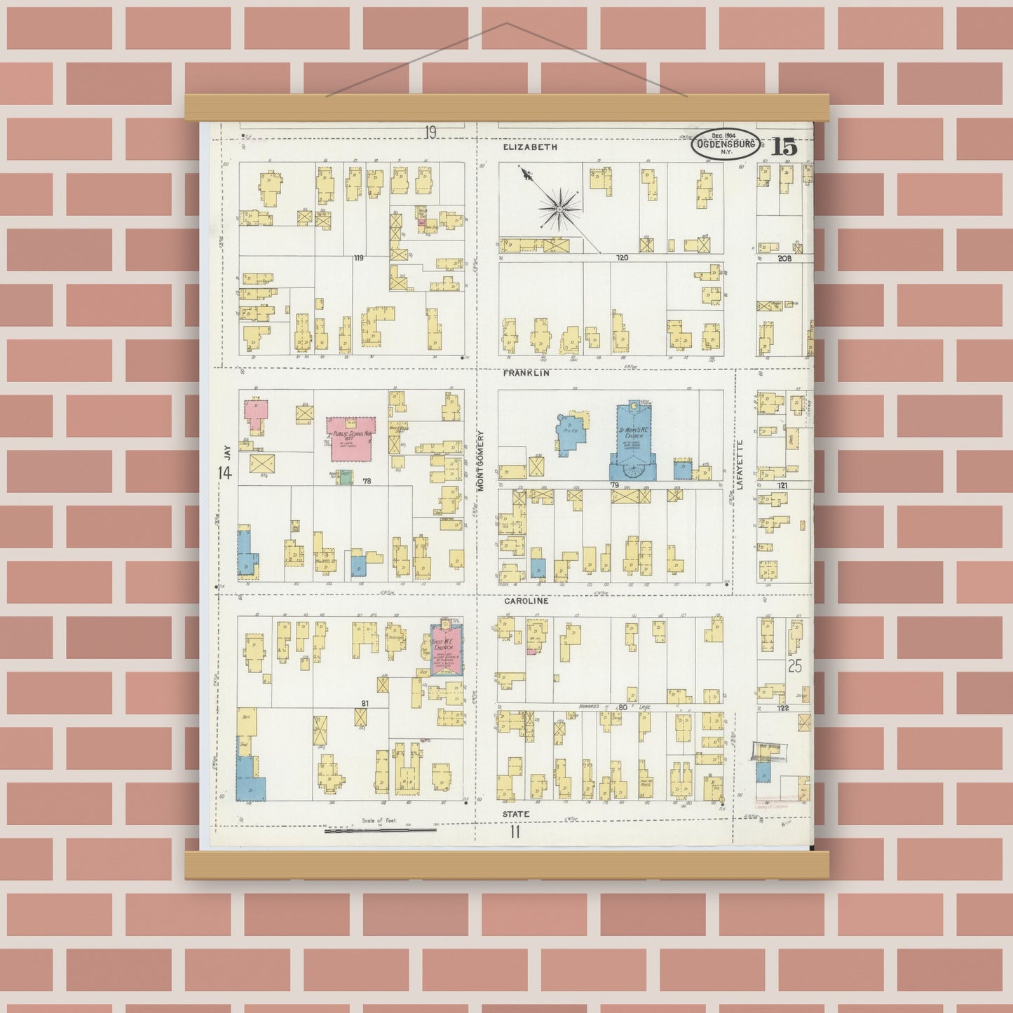 Old map wall art mockup — magnetic wood frame on brick wall — Sanborn Fire Insurance Map from Ogdensburg, St. Lawrence County, New York (1904), Sheet #0015