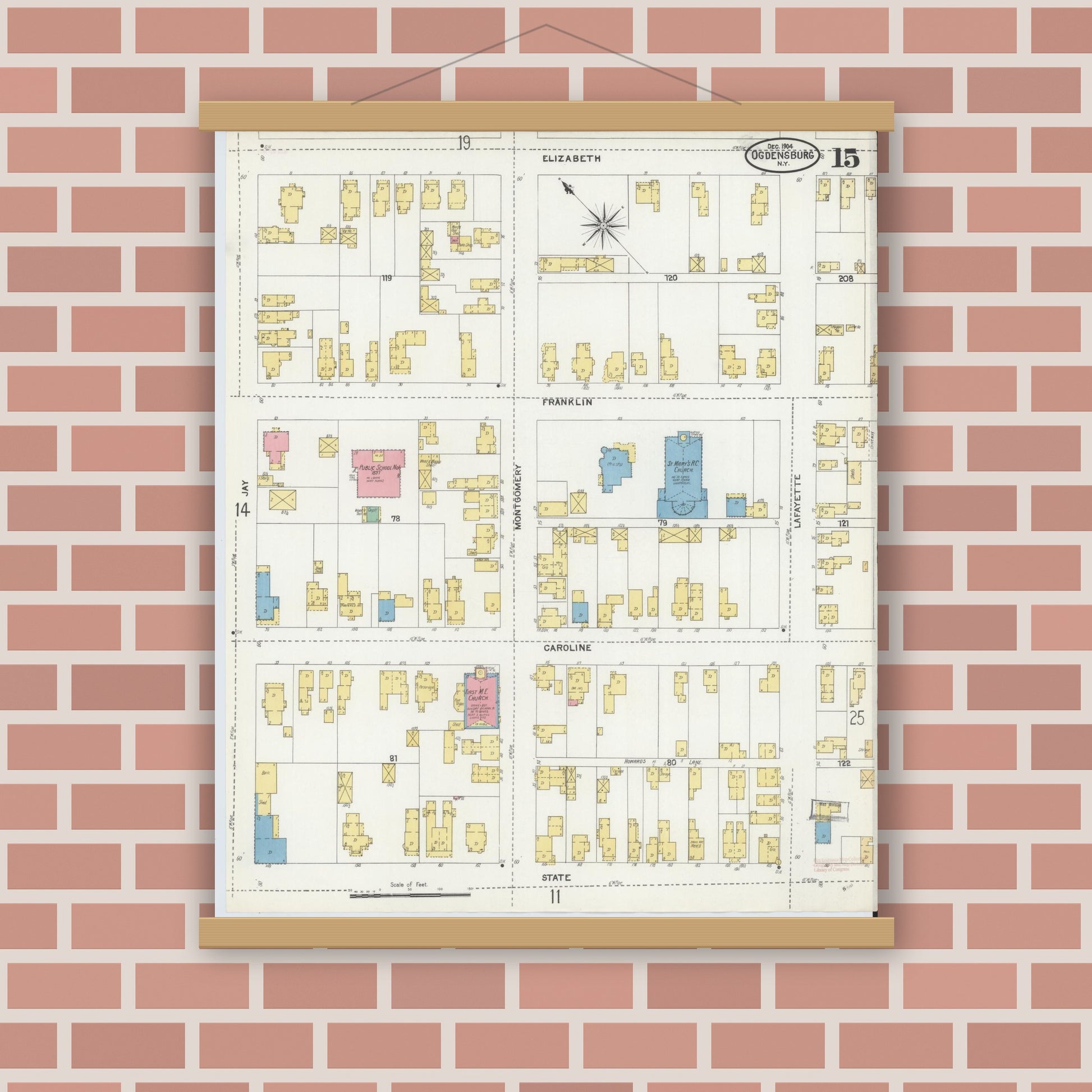 Old map wall art mockup — magnetic wood frame on brick wall — Sanborn Fire Insurance Map from Ogdensburg, St. Lawrence County, New York (1904), Sheet #0015
