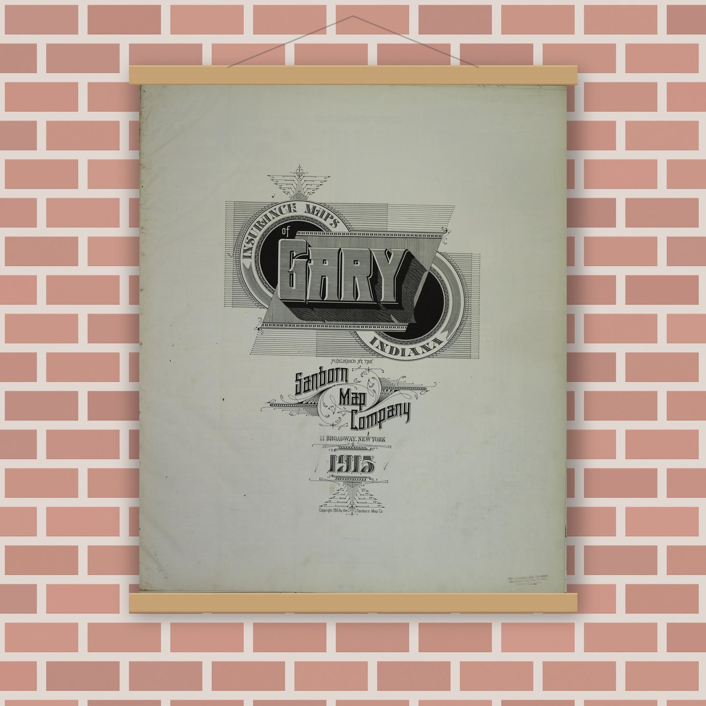 Old map wall art mockup — magnetic wood frame on brick wall — Sanborn Fire Insurance Map from Gary, Lake County, Indiana (1915), Sheet #0001