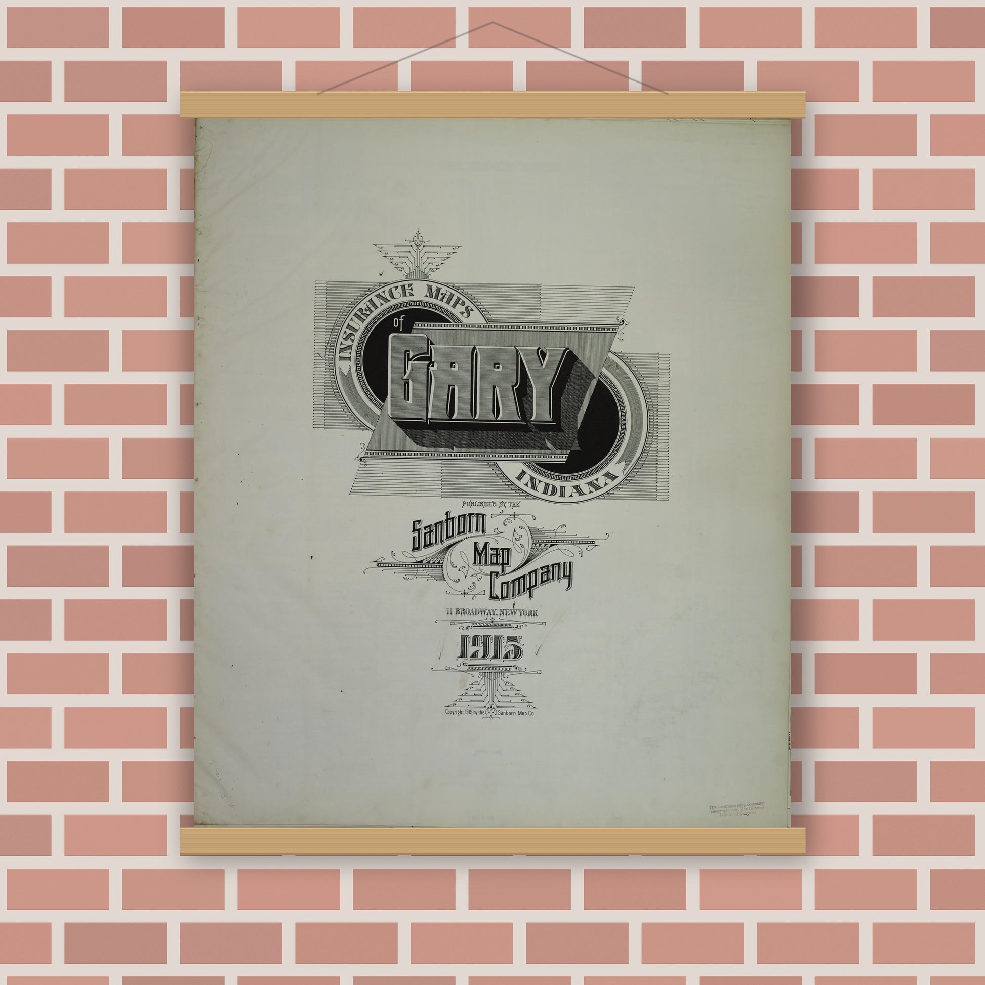 Old map wall art mockup — magnetic wood frame on brick wall — Sanborn Fire Insurance Map from Gary, Lake County, Indiana (1915), Sheet #0001