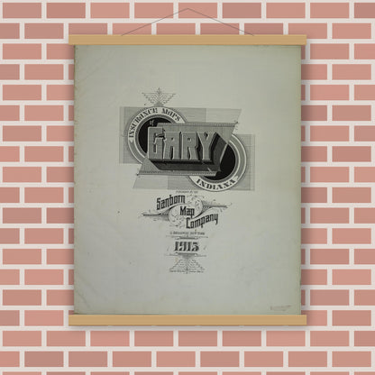 Old map wall art mockup — magnetic wood frame on brick wall — Sanborn Fire Insurance Map from Gary, Lake County, Indiana (1915), Sheet #0001