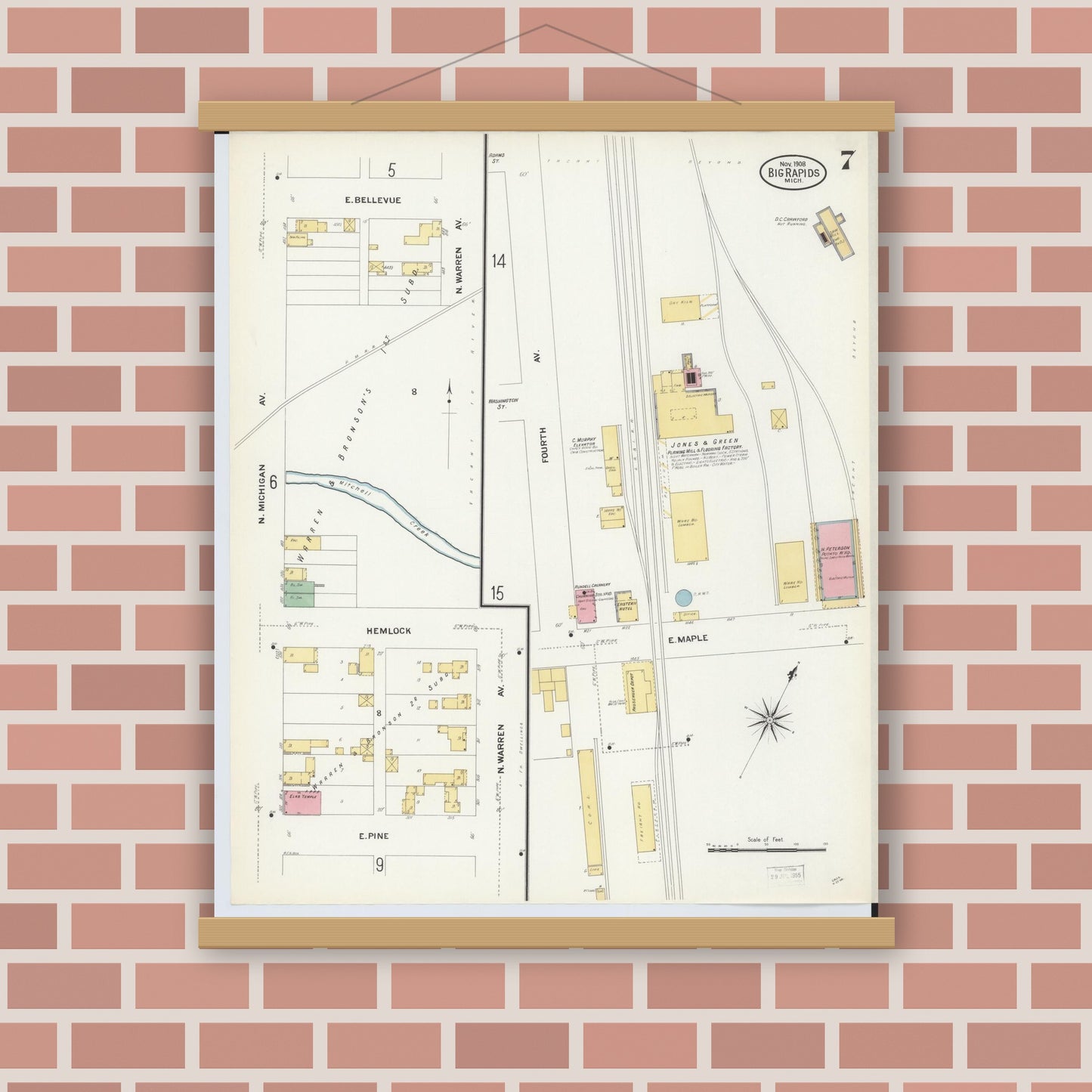 Old map wall art mockup — magnetic wood frame on brick wall — Sanborn Fire Insurance Map from Big Rapids, Mecosta County, Michigan (1908), Sheet #0007