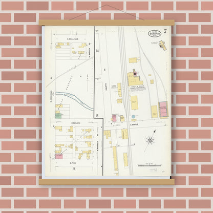 Old map wall art mockup — magnetic wood frame on brick wall — Sanborn Fire Insurance Map from Big Rapids, Mecosta County, Michigan (1908), Sheet #0007