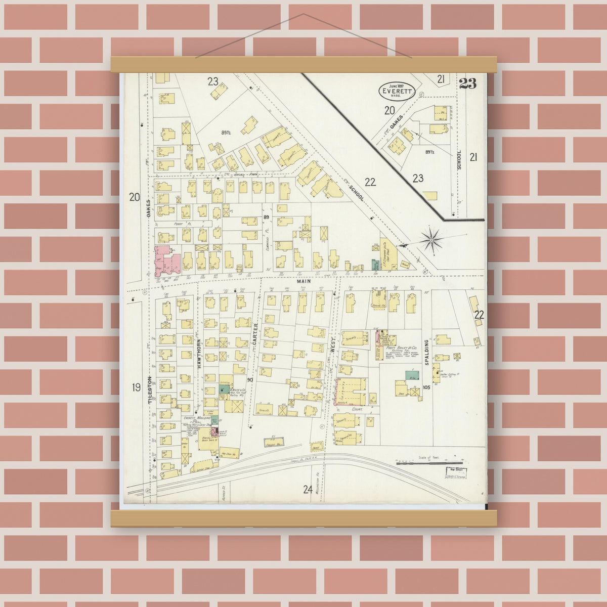 Old map wall art mockup — magnetic wood frame on brick wall — Sanborn Fire Insurance Map from Everett, Middlesex County, Massachusetts (1897), Sheet #0023