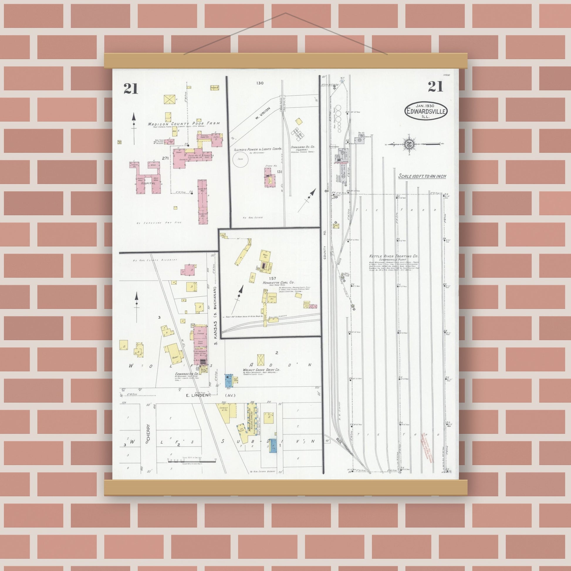 Old map wall art mockup — magnetic wood frame on brick wall — Sanborn Fire Insurance Map from Edwardsville, Madison County, Illinois (1930), Sheet #0021