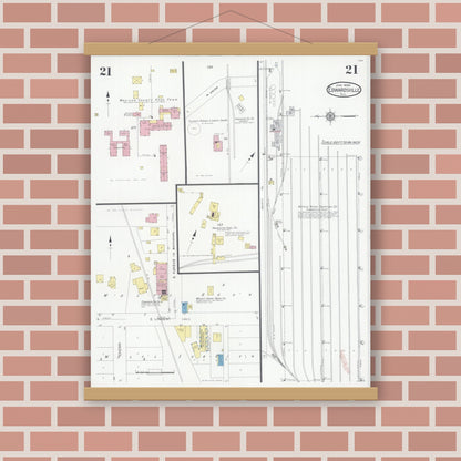 Old map wall art mockup — magnetic wood frame on brick wall — Sanborn Fire Insurance Map from Edwardsville, Madison County, Illinois (1930), Sheet #0021