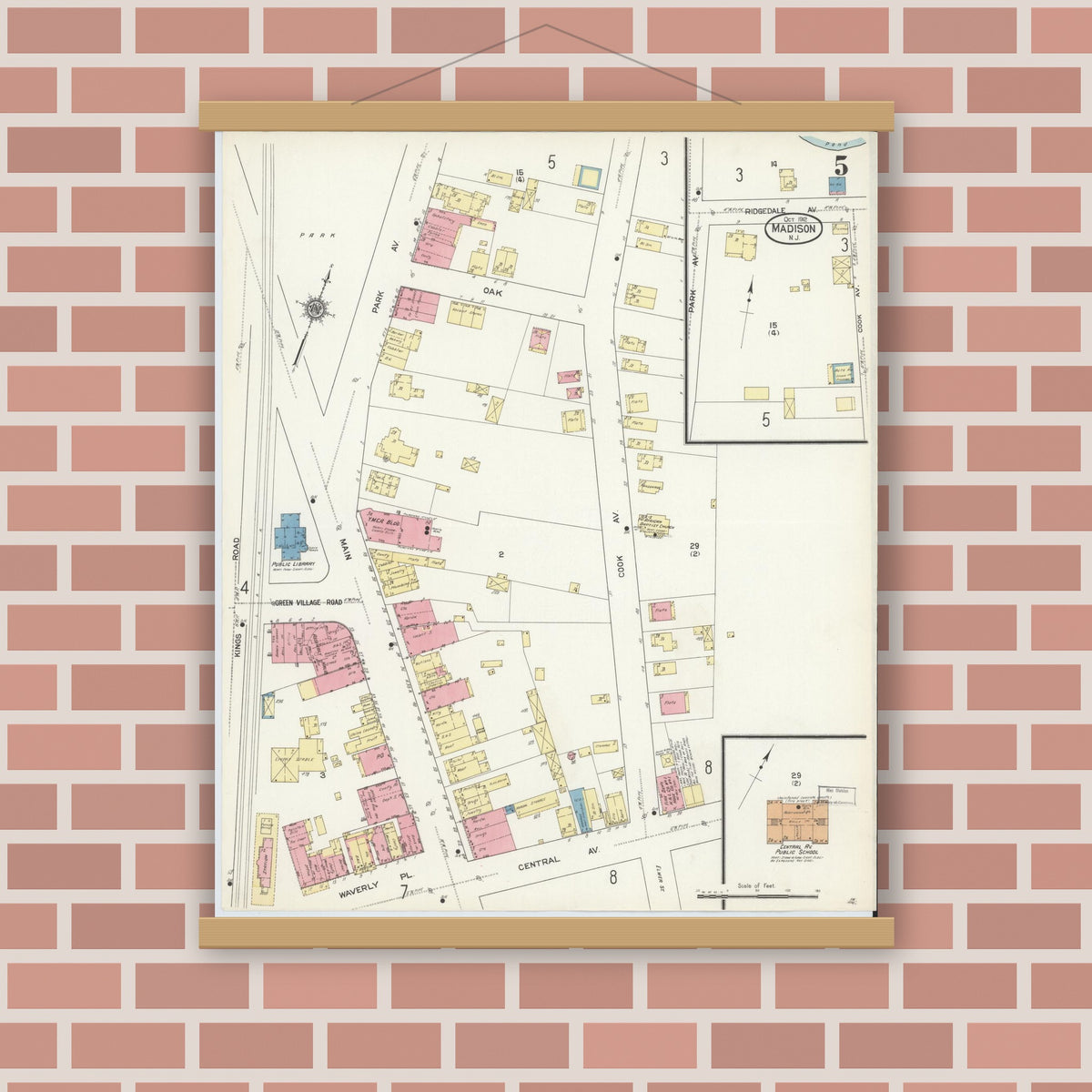 Old map wall art mockup — magnetic wood frame on brick wall — Sanborn Fire Insurance Map from Madison, Morris County, New Jersey (1912), Sheet #0005