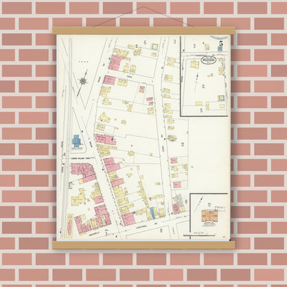 Old map wall art mockup — magnetic wood frame on brick wall — Sanborn Fire Insurance Map from Madison, Morris County, New Jersey (1912), Sheet #0005