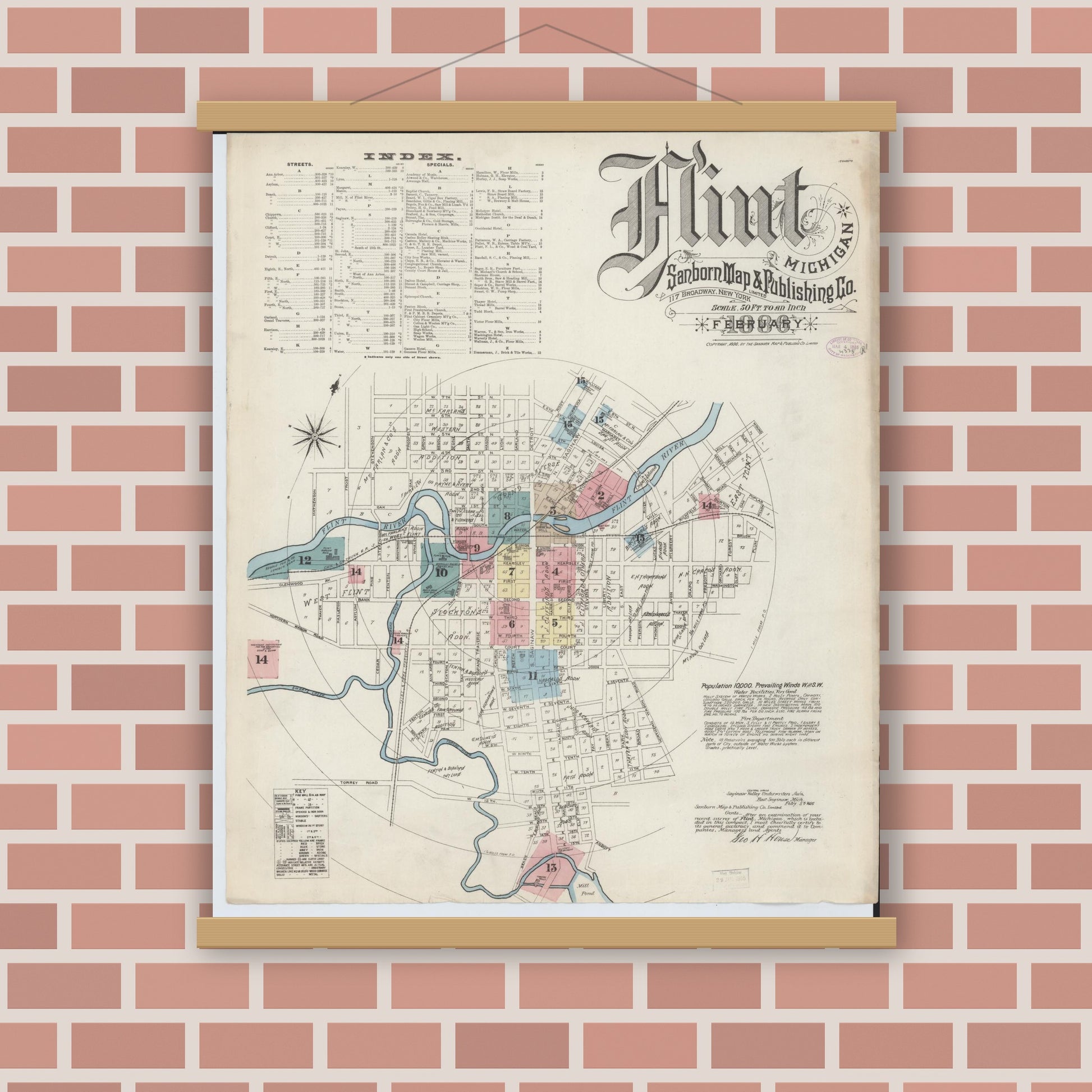 Old map wall art mockup — magnetic wood frame on brick wall — Sanborn Fire Insurance Map from Flint, Genesee County, Michigan (1886), Sheet #0001