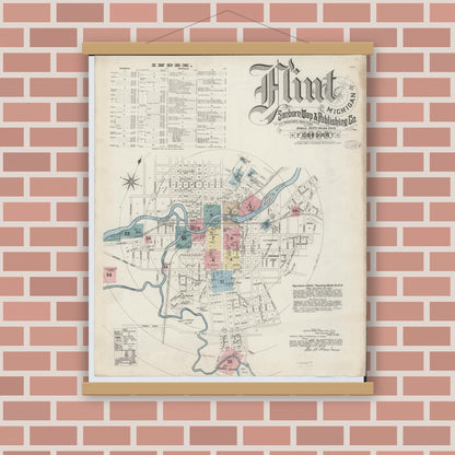 Old map wall art mockup — magnetic wood frame on brick wall — Sanborn Fire Insurance Map from Flint, Genesee County, Michigan (1886), Sheet #0001