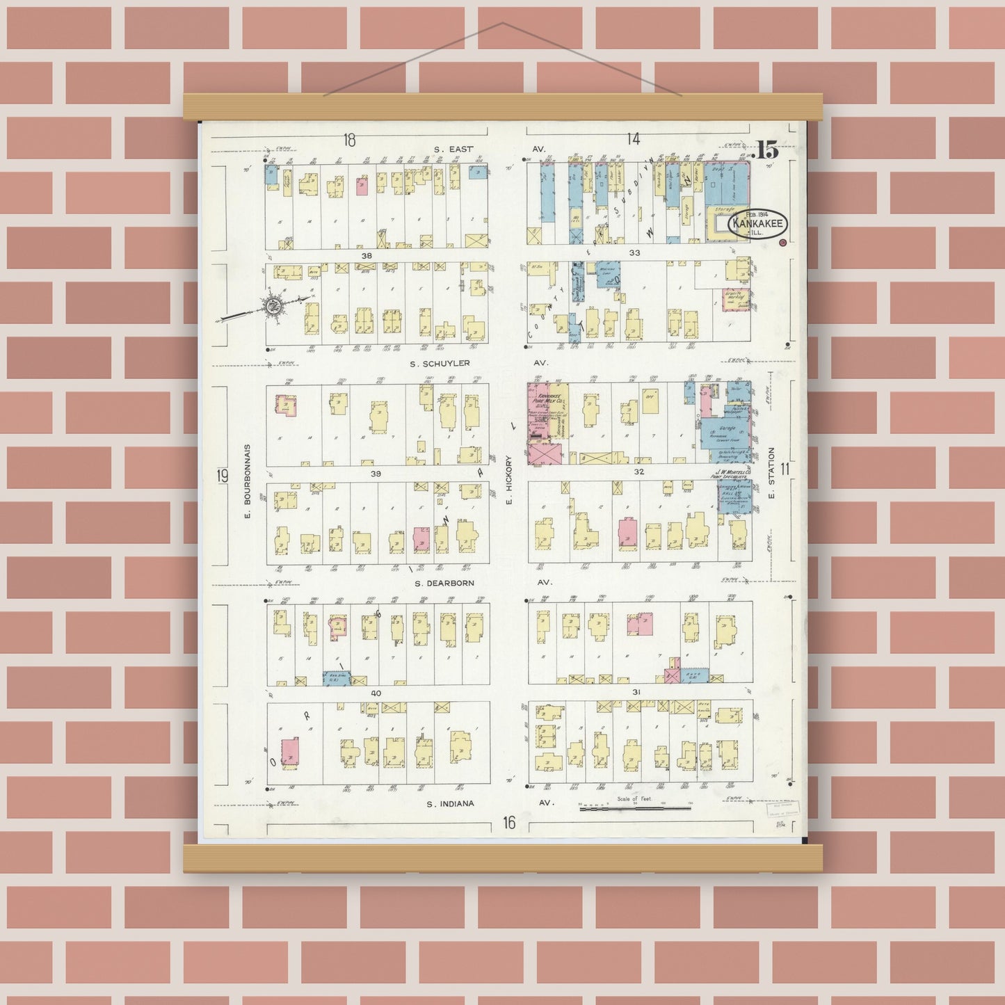 Old map wall art mockup — magnetic wood frame on brick wall — Sanborn Fire Insurance Map from Kankakee, Kankakee County, Illinois (1914), Sheet #0015