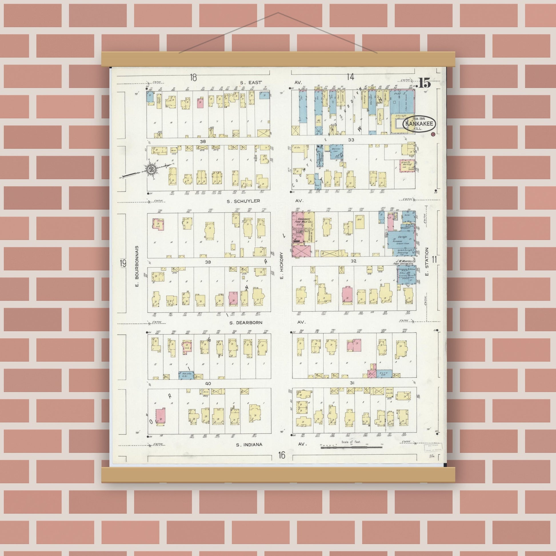 Old map wall art mockup — magnetic wood frame on brick wall — Sanborn Fire Insurance Map from Kankakee, Kankakee County, Illinois (1914), Sheet #0015