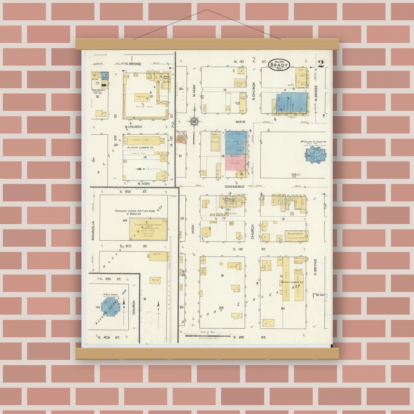 Old map wall art mockup — magnetic wood frame on brick wall — Sanborn Fire Insurance Map from Brady, McCulloch County, Texas (1916), Sheet #0002