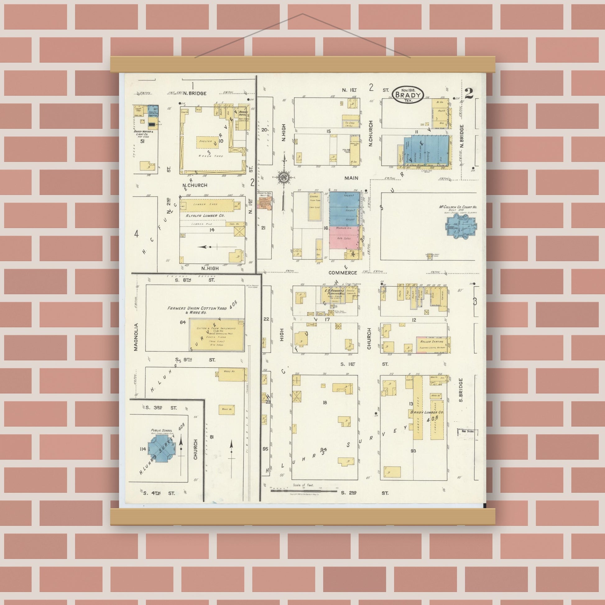 Old map wall art mockup — magnetic wood frame on brick wall — Sanborn Fire Insurance Map from Brady, McCulloch County, Texas (1916), Sheet #0002