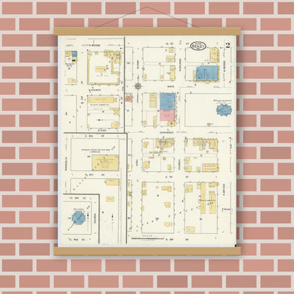 Old map wall art mockup — magnetic wood frame on brick wall — Sanborn Fire Insurance Map from Brady, McCulloch County, Texas (1916), Sheet #0002