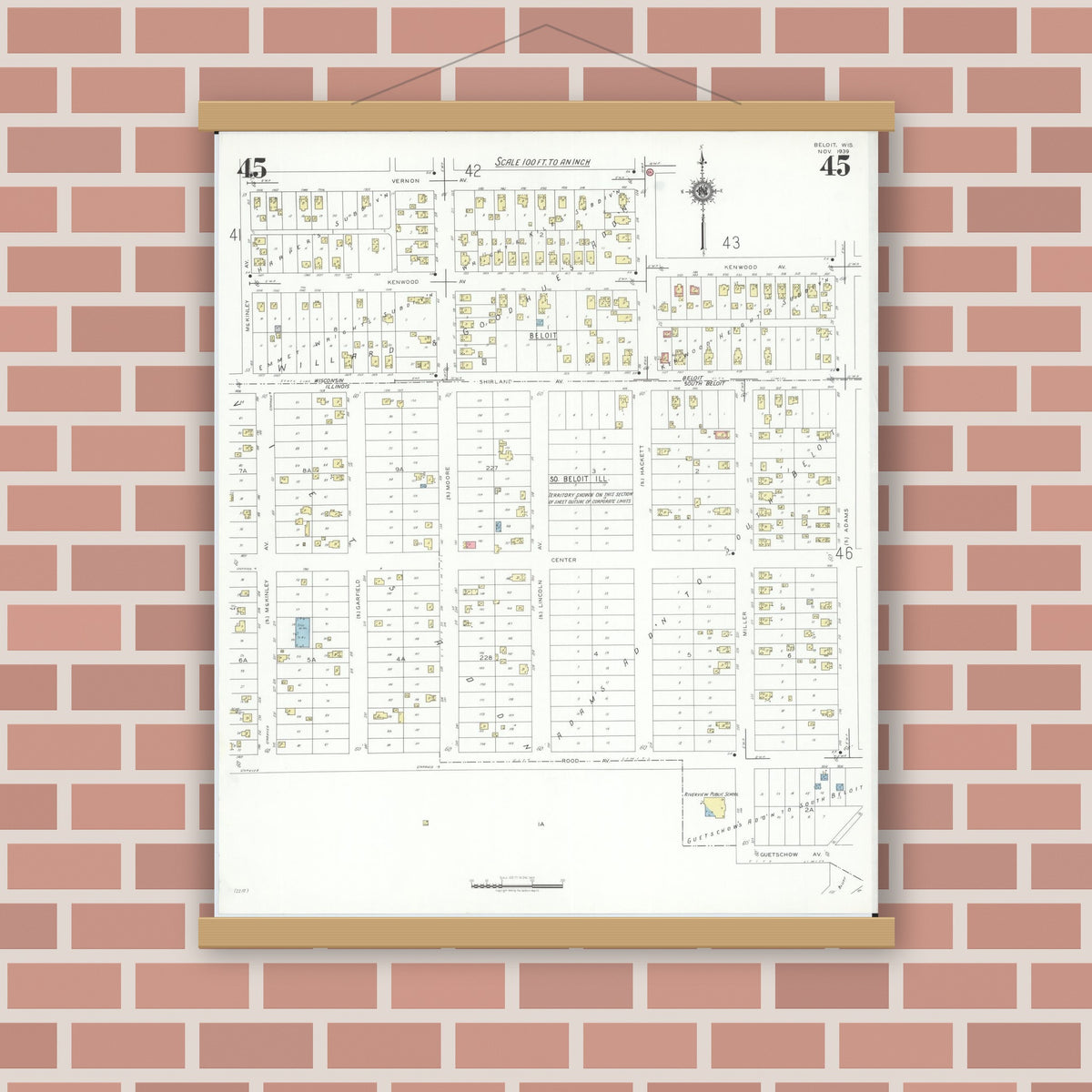 Old map wall art mockup — magnetic wood frame on brick wall — Sanborn Fire Insurance Map from Beloit, Rock County, Wisconsin (1939), Sheet #0045