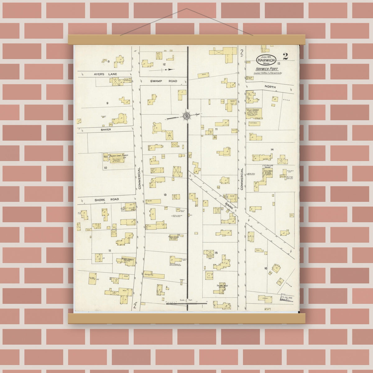 Old map wall art mockup — magnetic wood frame on brick wall — Sanborn Fire Insurance Map from Harwich, Barnstable County, Massachusetts (1915), Sheet #0002