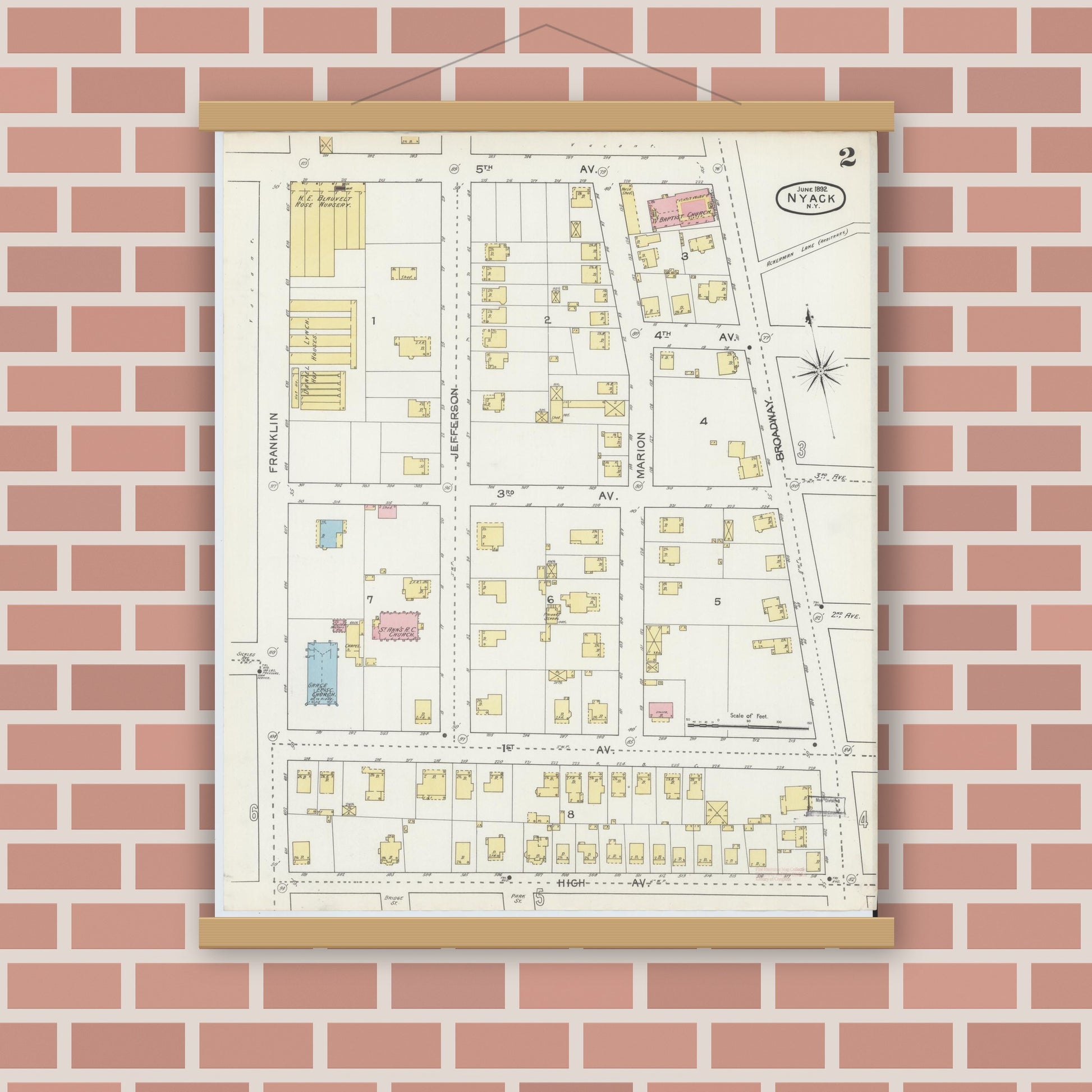 Old map wall art mockup — magnetic wood frame on brick wall — Sanborn Fire Insurance Map from Nyack, Rockland County, New York. (1892), Sheet #0002