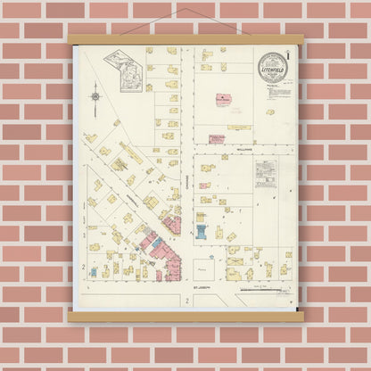 Old map wall art mockup — magnetic wood frame on brick wall — Sanborn Fire Insurance Map from Litchfield, Hillsdale County, Michigan (1913), Sheet #0001