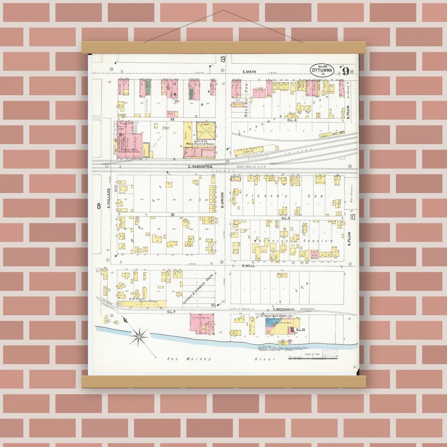 Old map wall art mockup — magnetic wood frame on brick wall — Sanborn Fire Insurance Map from Ottumwa, Wapello County, Iowa (1902), Sheet #0009