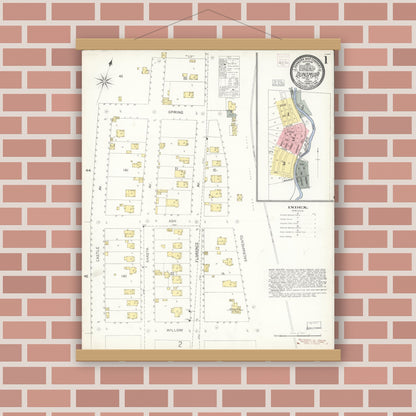 Old map wall art mockup — magnetic wood frame on brick wall — Sanborn Fire Insurance Map from Dunsmuir, Siskiyou County, California (1903), Sheet #0001