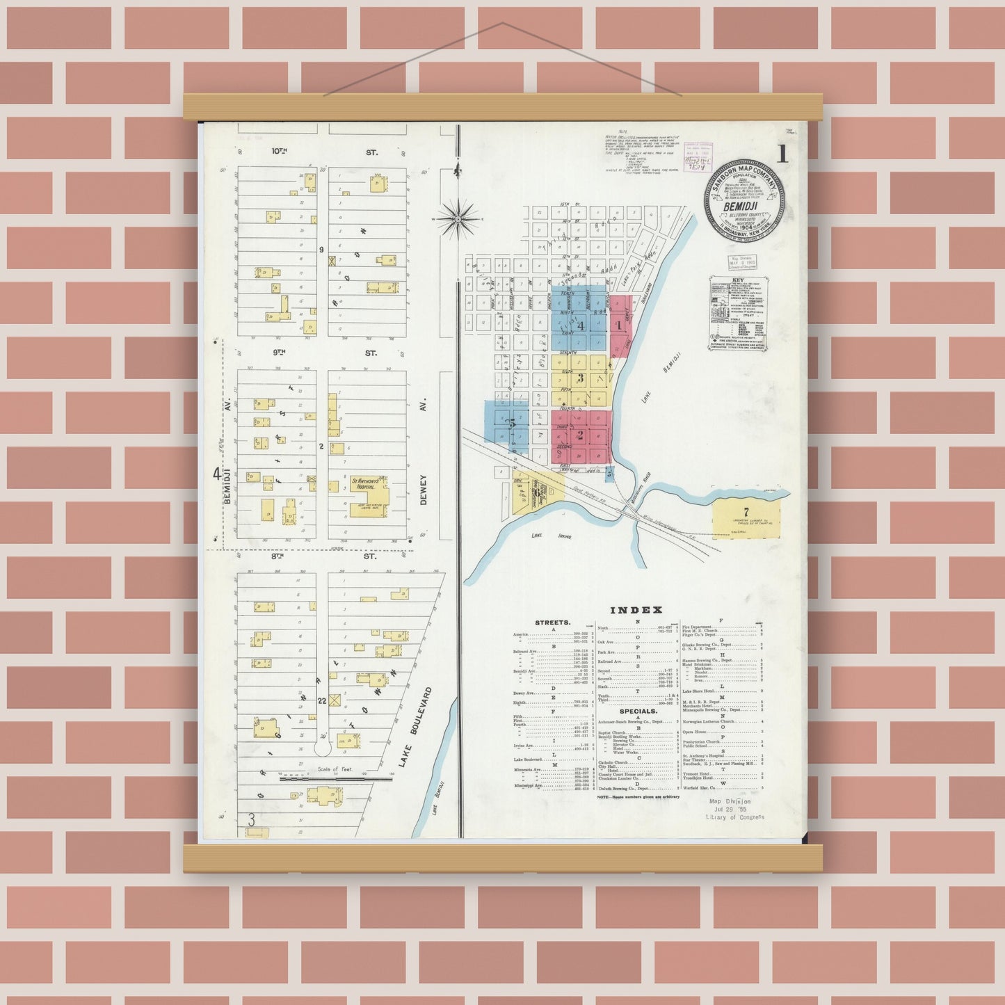 Old map wall art mockup — magnetic wood frame on brick wall — Sanborn Fire Insurance Map from Bemidji, Beltrami County, Minnesota (1904), Sheet #0001