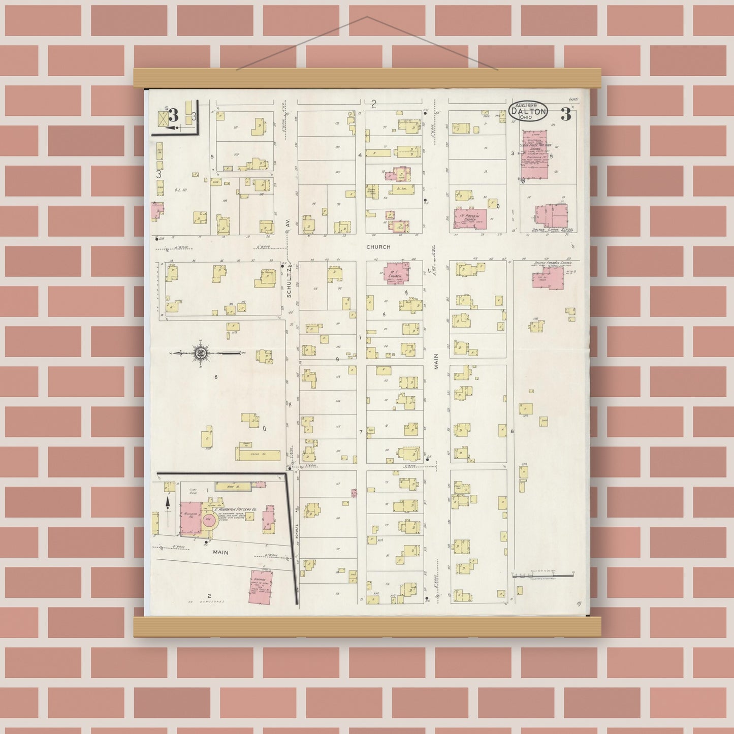 Old map wall art mockup — magnetic wood frame on brick wall — Sanborn Fire Insurance Map from Dalton, Wayne County, Ohio (1929), Sheet #0003