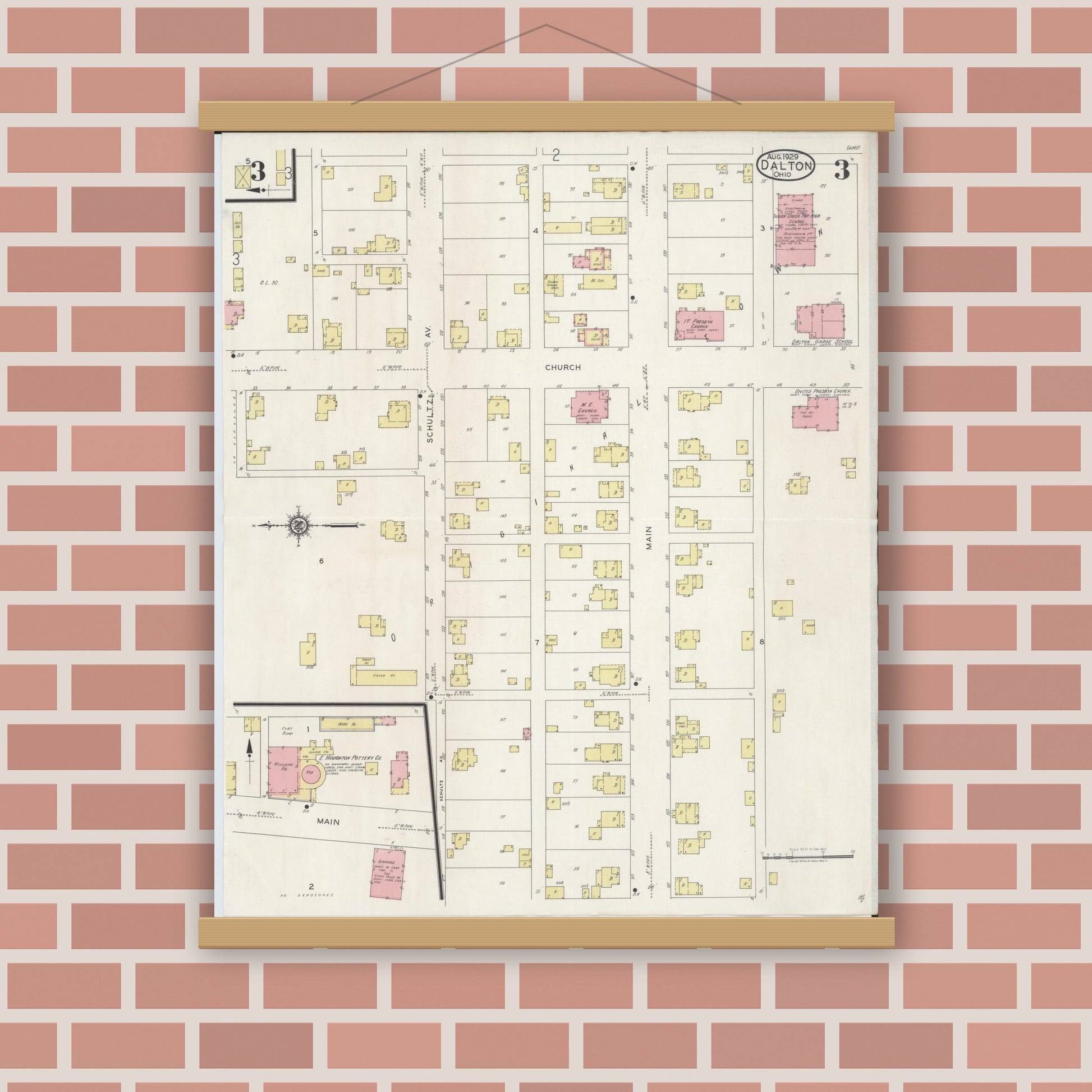 Old map wall art mockup — magnetic wood frame on brick wall — Sanborn Fire Insurance Map from Dalton, Wayne County, Ohio (1929), Sheet #0003