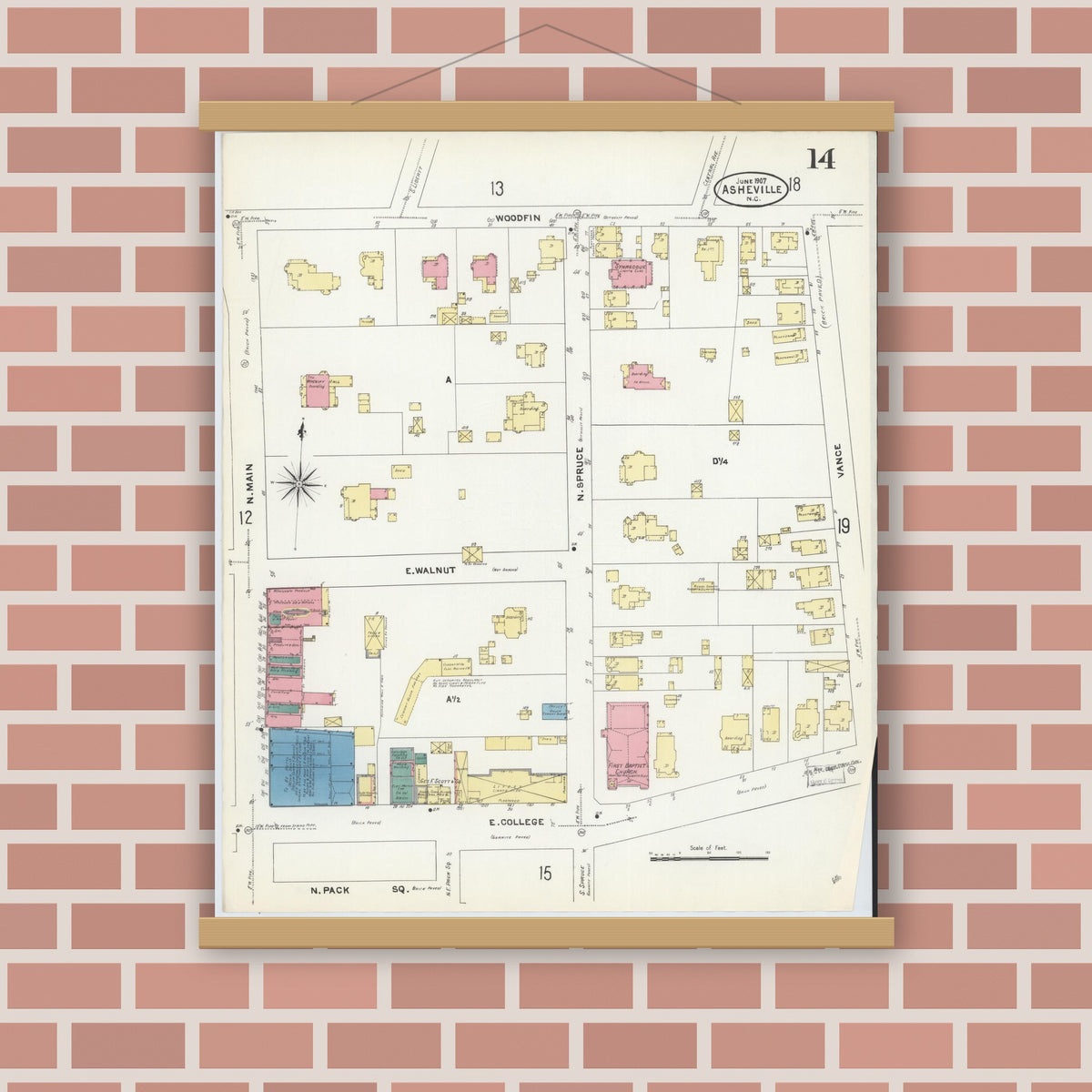 Old map wall art mockup — magnetic wood frame on brick wall — Sanborn Fire Insurance Map from Asheville, Buncombe County, North Carolina (1907), Sheet #0014