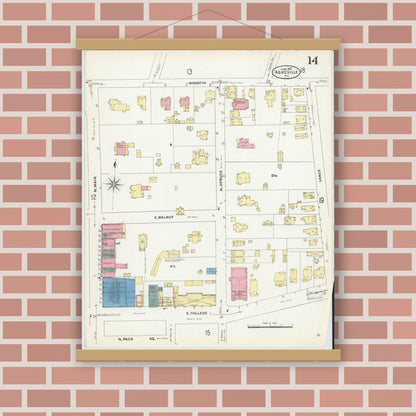 Old map wall art mockup — magnetic wood frame on brick wall — Sanborn Fire Insurance Map from Asheville, Buncombe County, North Carolina (1907), Sheet #0014