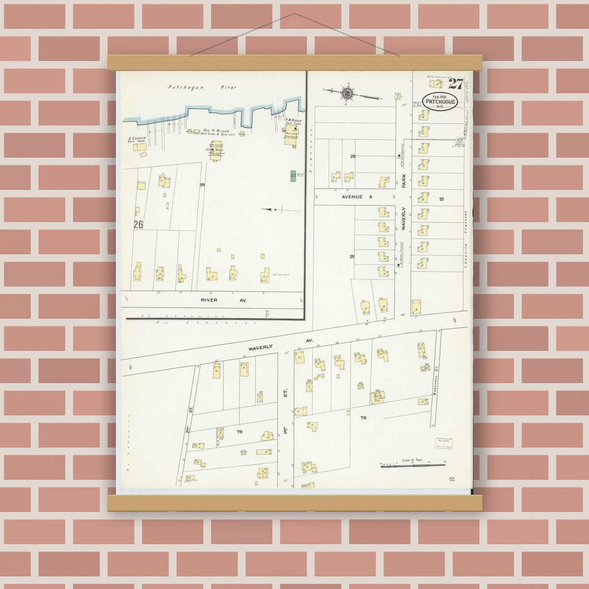 Old map wall art mockup — magnetic wood frame on brick wall — Sanborn Fire Insurance Map from Patchogue, Suffolk County, New York (1910), Sheet #0027