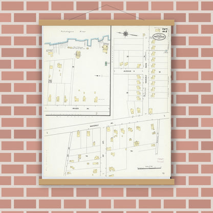 Old map wall art mockup — magnetic wood frame on brick wall — Sanborn Fire Insurance Map from Patchogue, Suffolk County, New York (1910), Sheet #0027