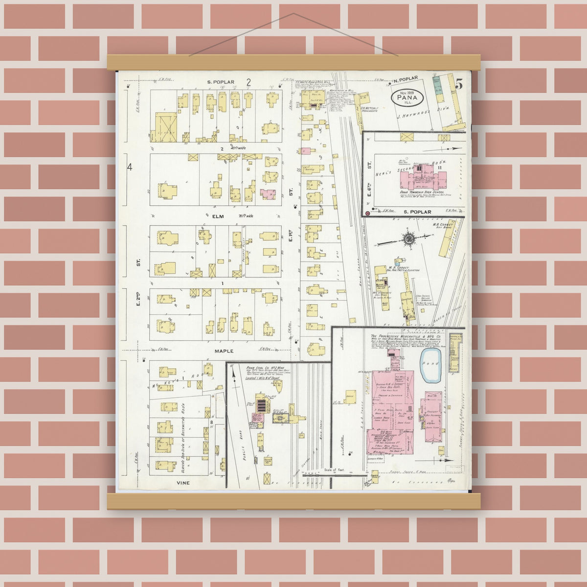 Old map wall art mockup — magnetic wood frame on brick wall — Sanborn Fire Insurance Map from Pana, Christian County, Illinois (1909), Sheet #0005