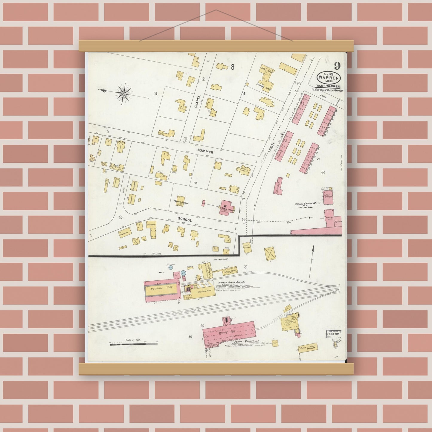 Old map wall art mockup — magnetic wood frame on brick wall — Sanborn Fire Insurance Map from Warren, Worcester County, Massachusetts (1906), Sheet #0009