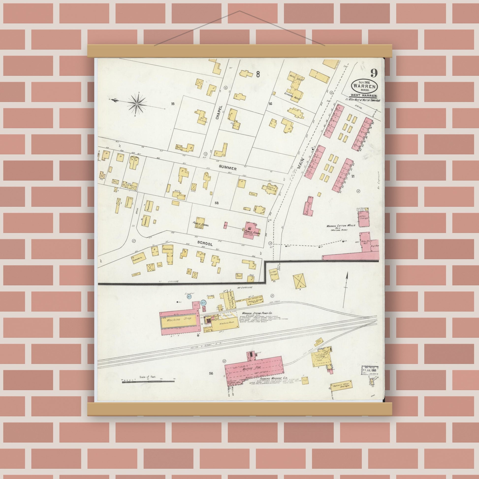 Old map wall art mockup — magnetic wood frame on brick wall — Sanborn Fire Insurance Map from Warren, Worcester County, Massachusetts (1906), Sheet #0009