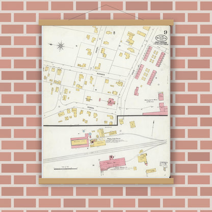 Old map wall art mockup — magnetic wood frame on brick wall — Sanborn Fire Insurance Map from Warren, Worcester County, Massachusetts (1906), Sheet #0009