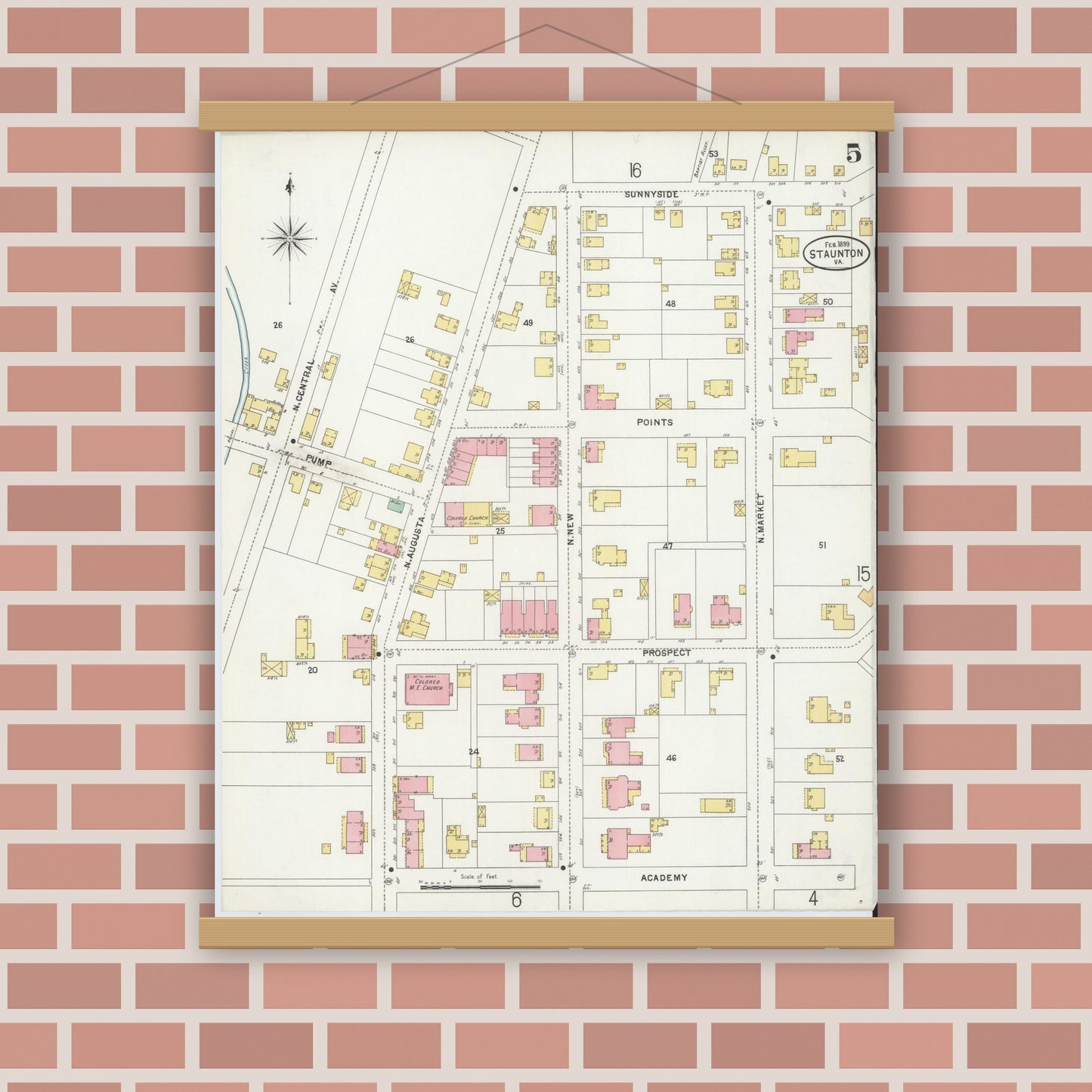 Old map wall art mockup — magnetic wood frame on brick wall — Sanborn Fire Insurance Map from Staunton, Independent Cities, Virginia (1899), Sheet #0005