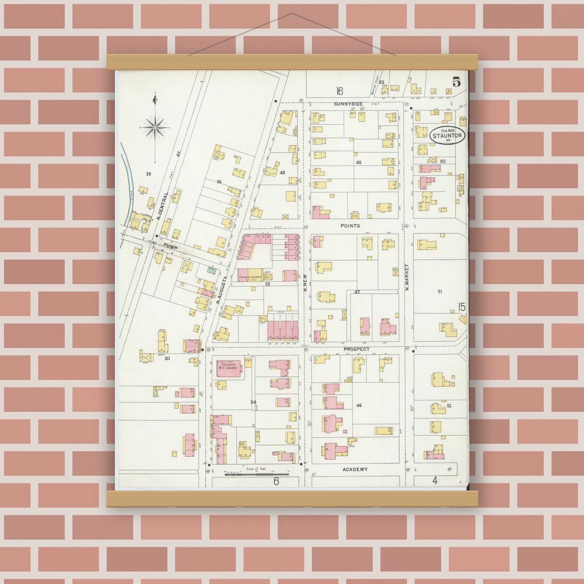 Old map wall art mockup — magnetic wood frame on brick wall — Sanborn Fire Insurance Map from Staunton, Independent Cities, Virginia (1899), Sheet #0005