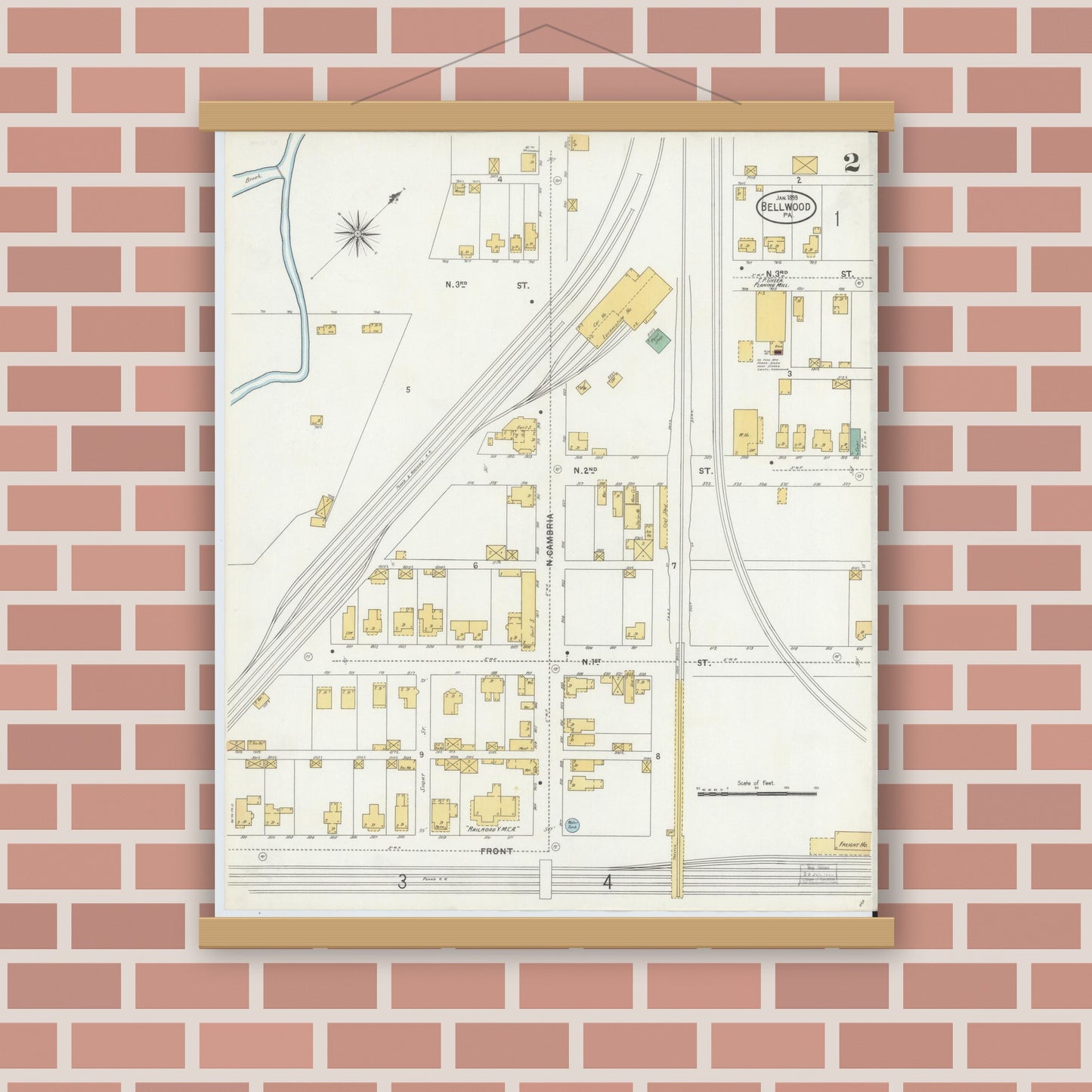 Old map wall art mockup — magnetic wood frame on brick wall — Sanborn Fire Insurance Map from Bellwood, Blair County, Pennsylvania (1899), Sheet #0002